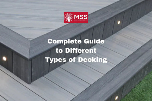 Modern grey timber decking with step lights, MSS Timber Merchants branding, decking guide text